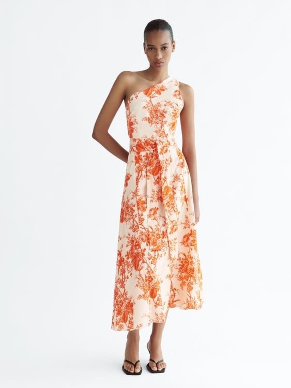 Zara Cream One-Shoulder Dress with Orange Floral Print